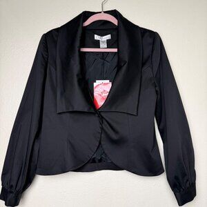 NWT Silk Assets Womens Black Button-Front Satin Blazer Jacket Size M